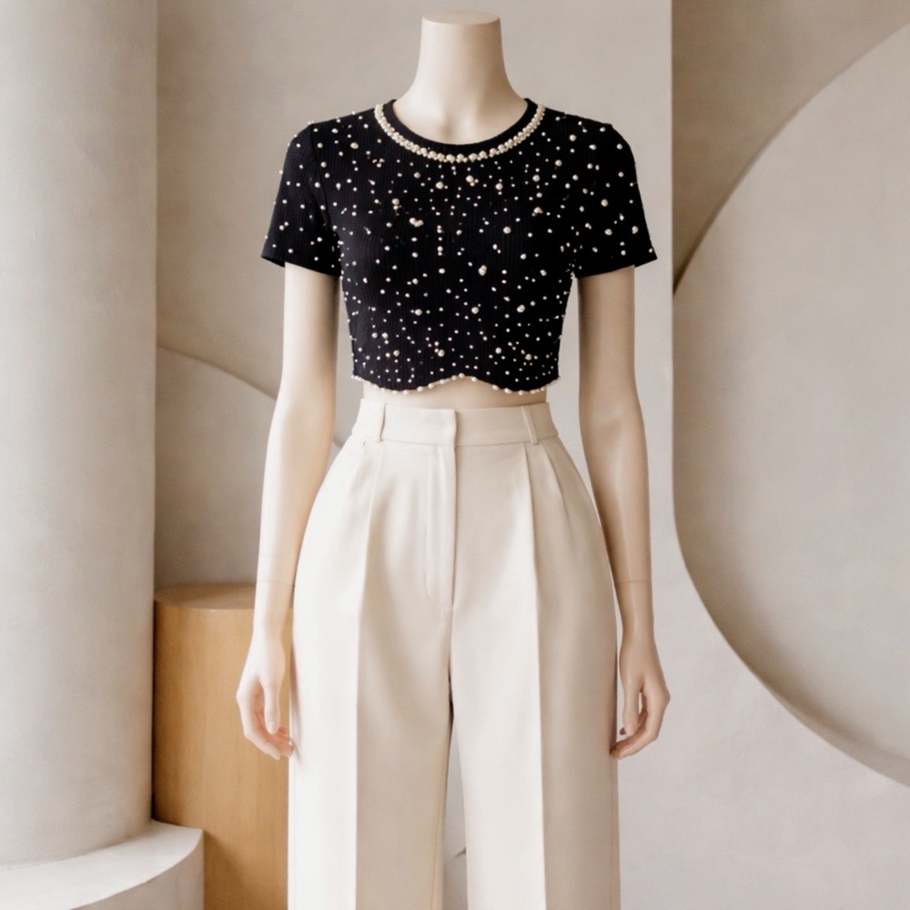 Embellished Black Pearl-Trim Crop Top - Women's